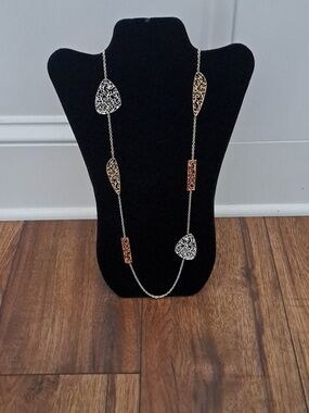 Tri-Tone Filigree Long Necklace - Silver, Gold & Rose Gold